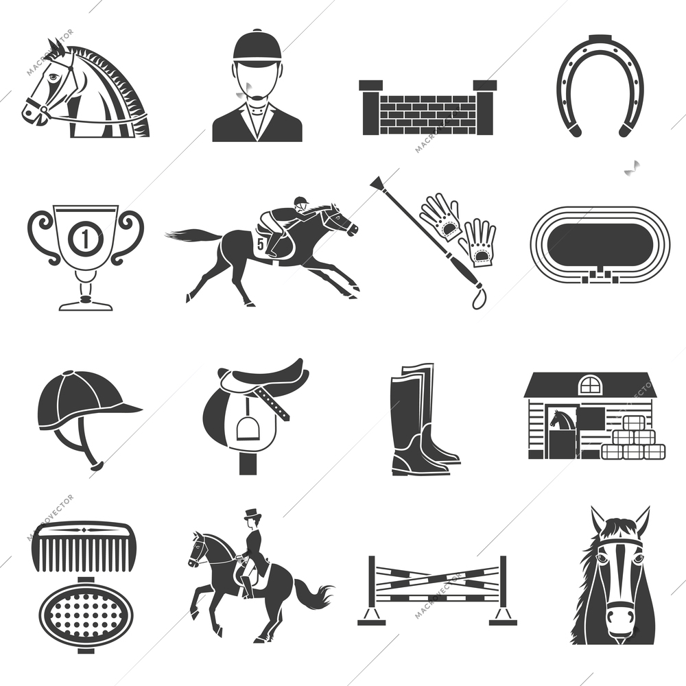 Black icons set on white background with accessories for  horse riding and equestrian sport isolated vector illustration.