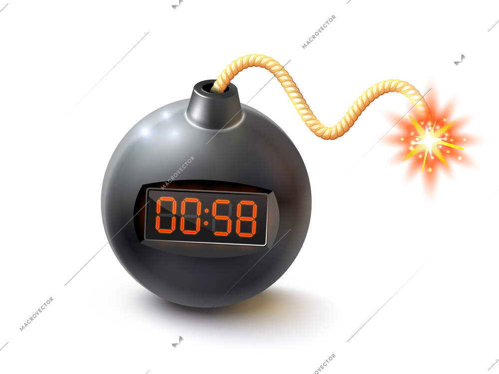 Round black bomb with timer and burning fuse realistic isolated vector illustration