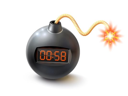 Round black bomb with timer and burning fuse realistic isolated vector illustration