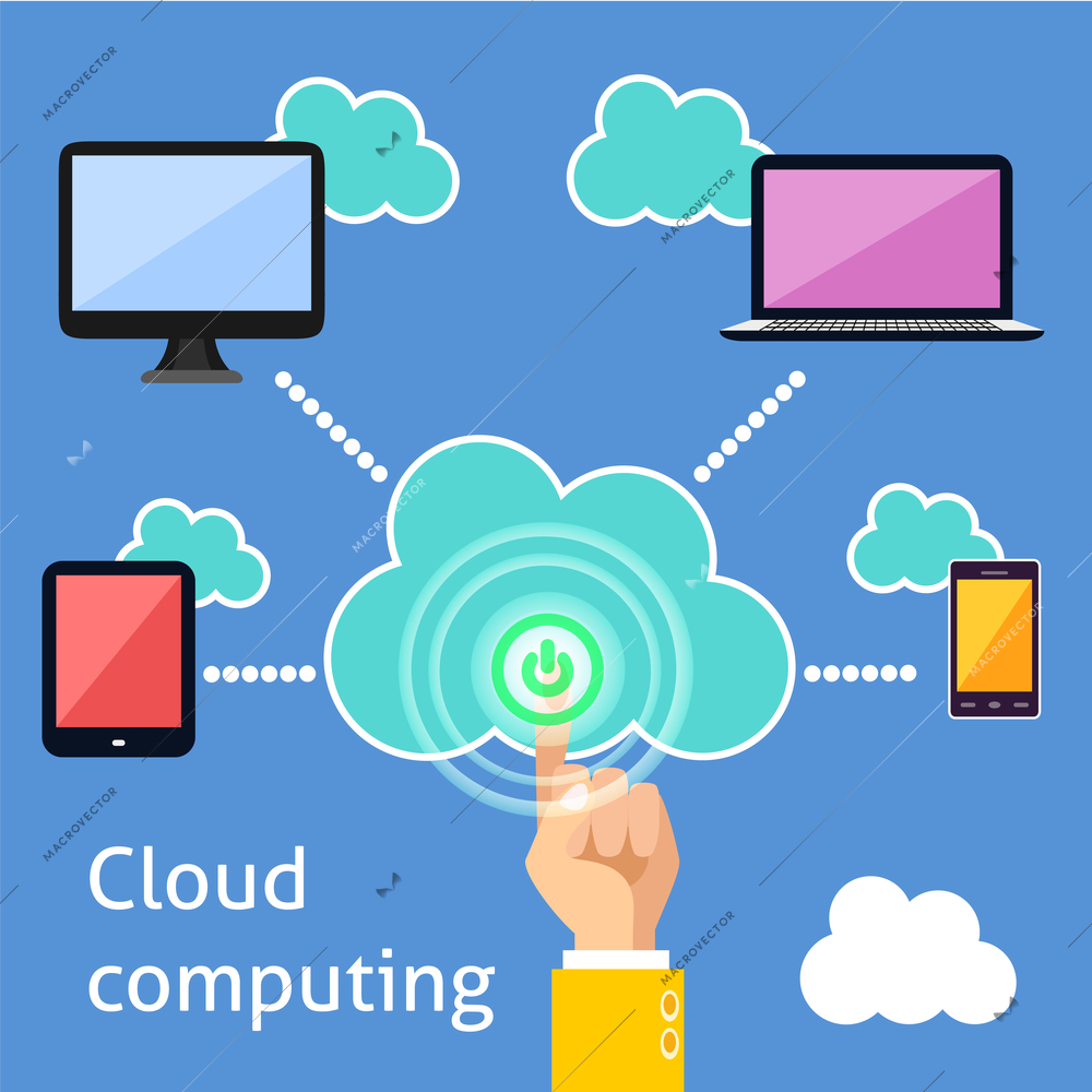 Cloud computing technology power button and connected gadgets of computer tablet mobile phone and laptop infographic vector illustration