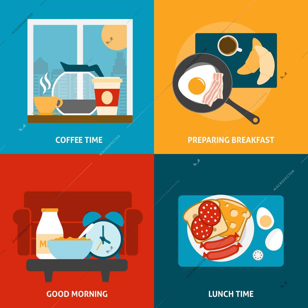 Breakfast lunch and coffee time icons set with preparing a meal flat isolated vector illustration