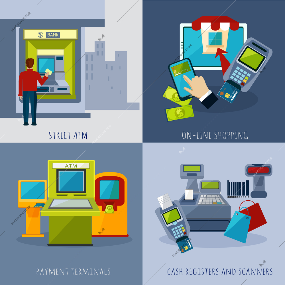 Atm design concept set with payment systems cartoon icons isolated vector illustration