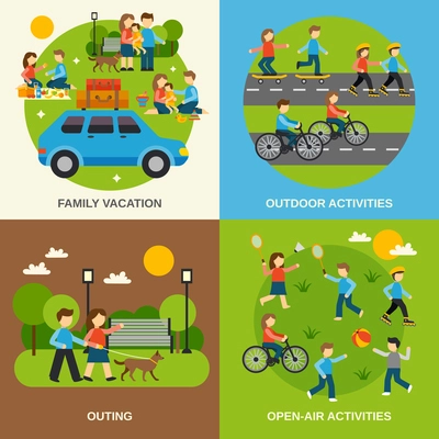 Outing design concept set with family vacation isolated vector illustration