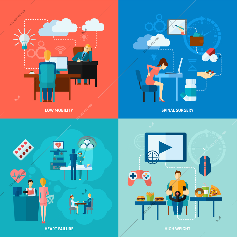 Sedentary design concept set with low mobility flat icons isolated vector illustration