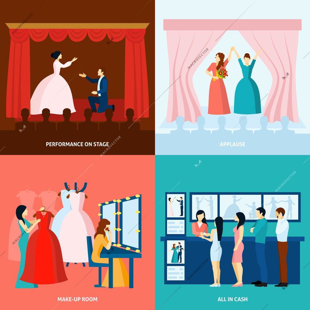 Theater performance approving applause and tickets at the door 4 flat icons square banner abstract vector illustration