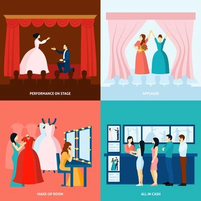 Theater performance approving applause and tickets at the door 4 flat icons square banner abstract vector illustration