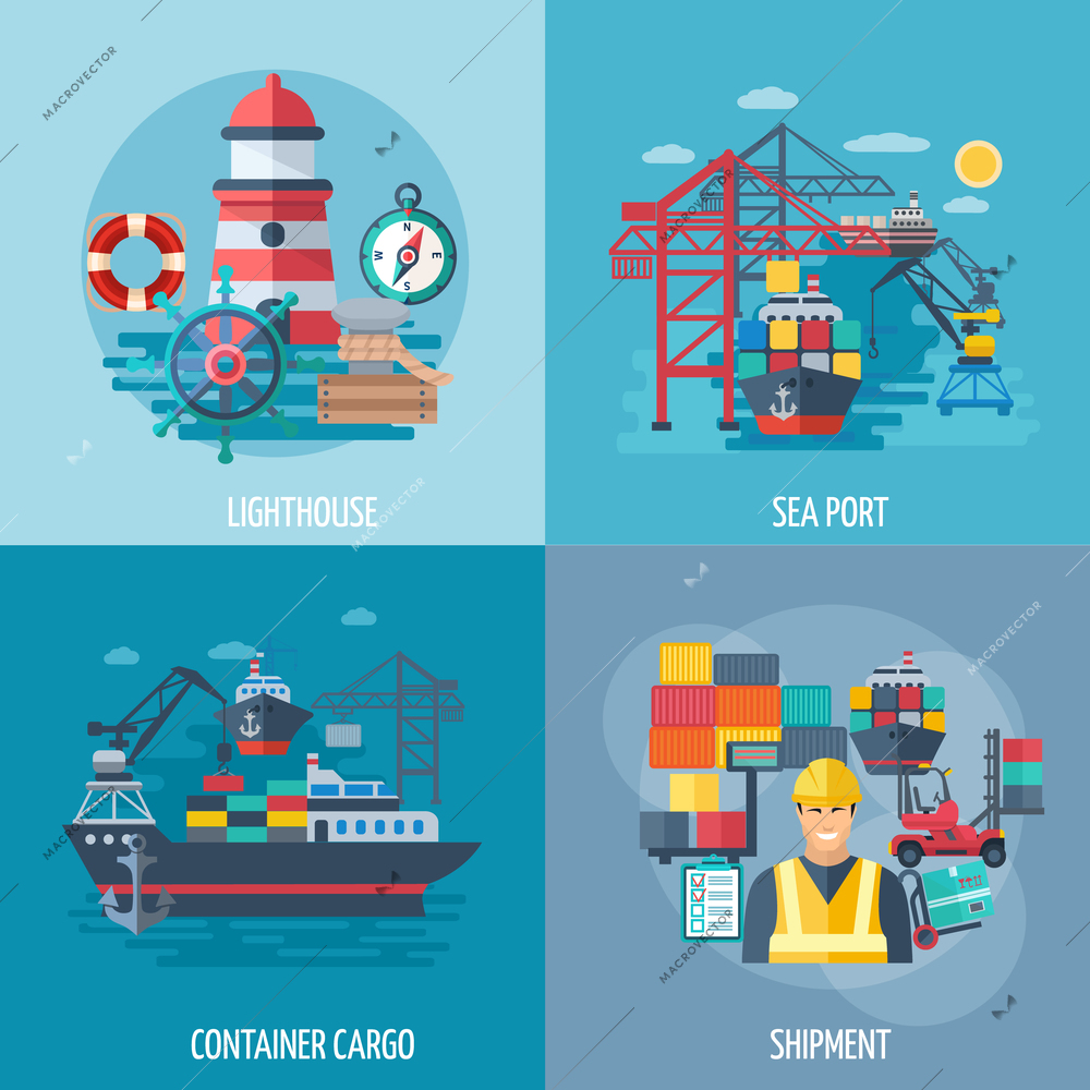 Sea port design concept set with container cargo and shipment flat icons isolated vector illustration