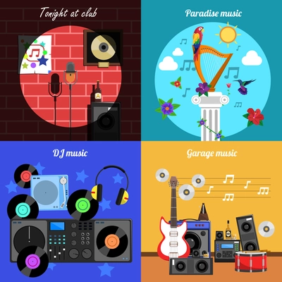 Melody and Instruments square banners set with club dj paradise and garage music flat isolated vector illustration