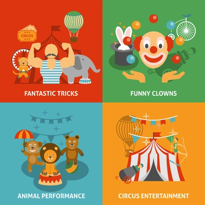 Circus icons set with fantastic tricks funny clowns animal performance and entertainment flat isolated vector illustration