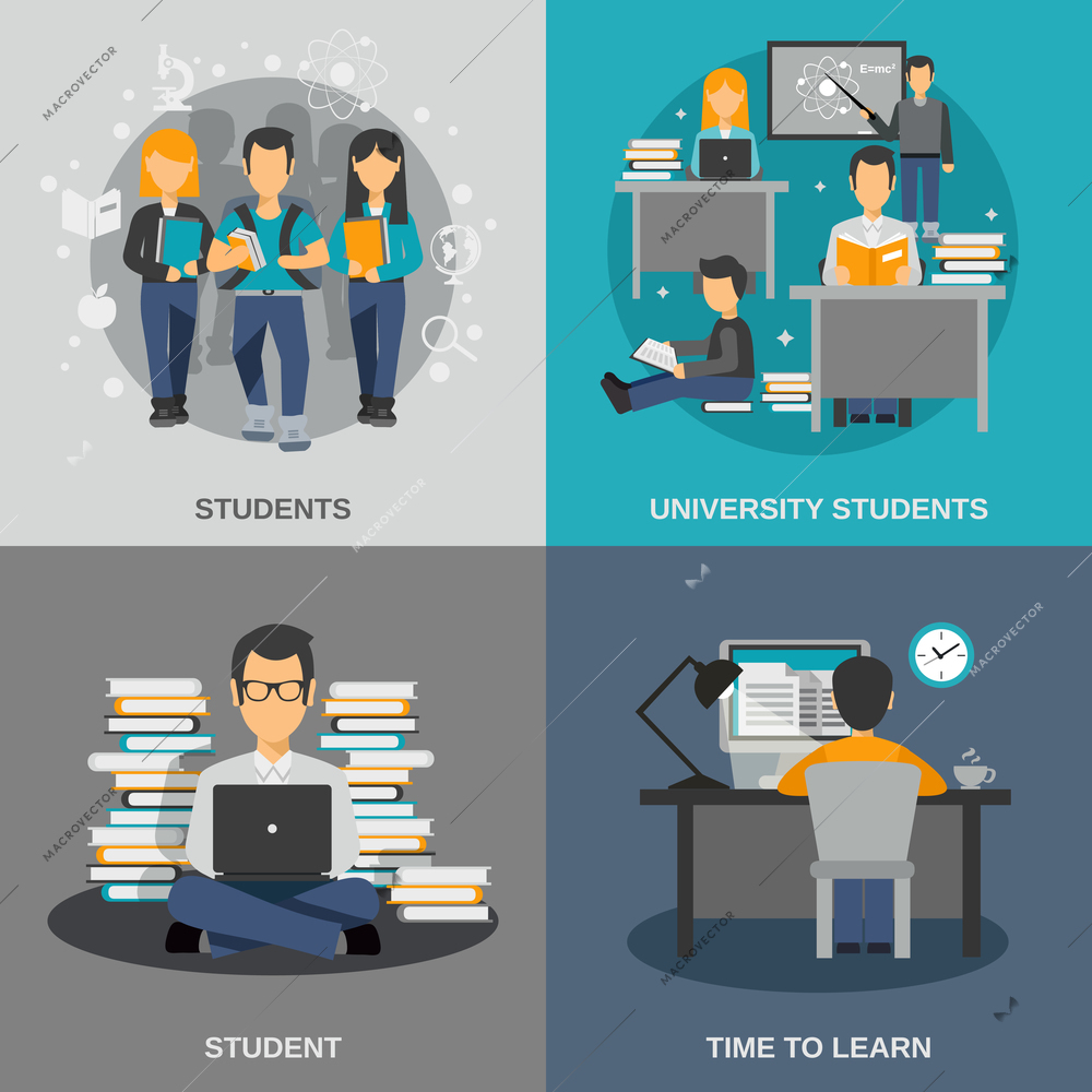 Student design concept set with flat university studying icons isolated vector illustration