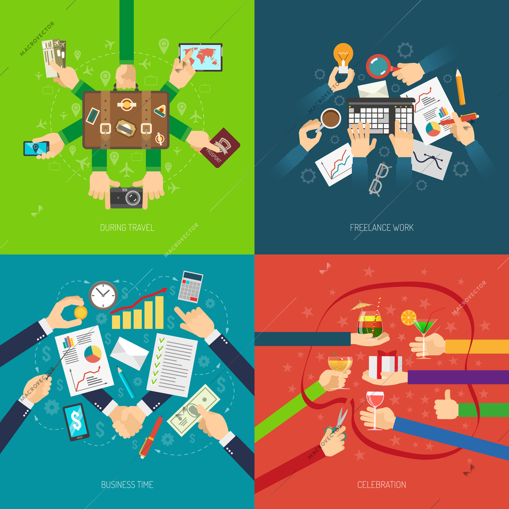 Design concept set with business hands in situation of work travel and celebration isolated vector illustration