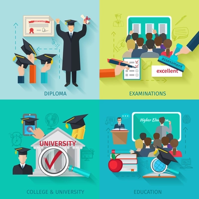 Higher education design concept set with flat diploma and examination icons isolated vector illustration
