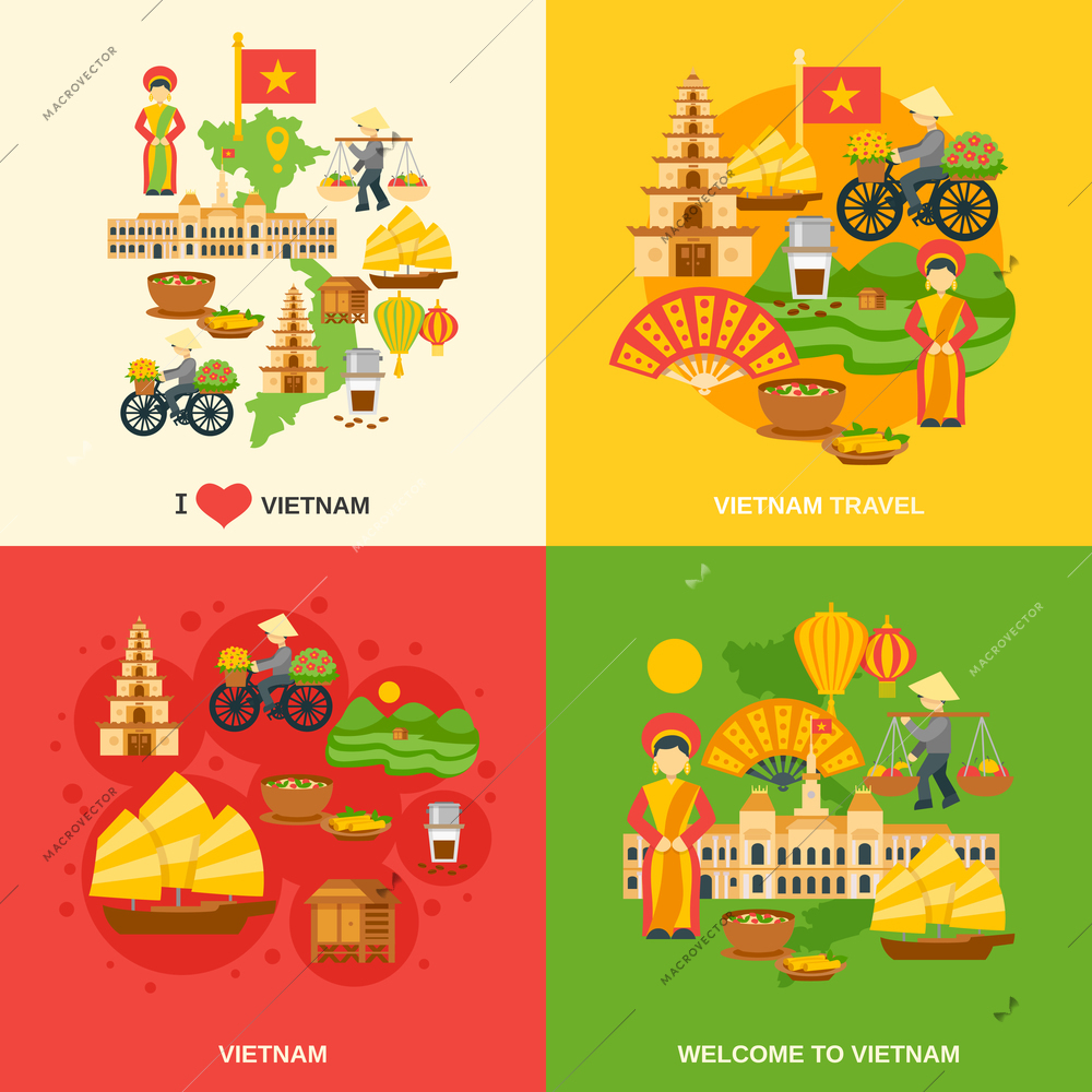 Vietnam design concept set with asia travel flat icons isolated vector illustration