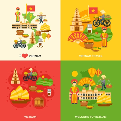 Vietnam design concept set with asia travel flat icons isolated vector illustration