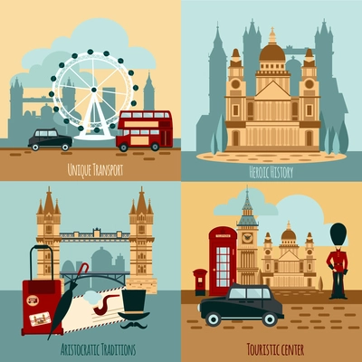 London touristic design concept set with transport and history icons isolated vector illustration