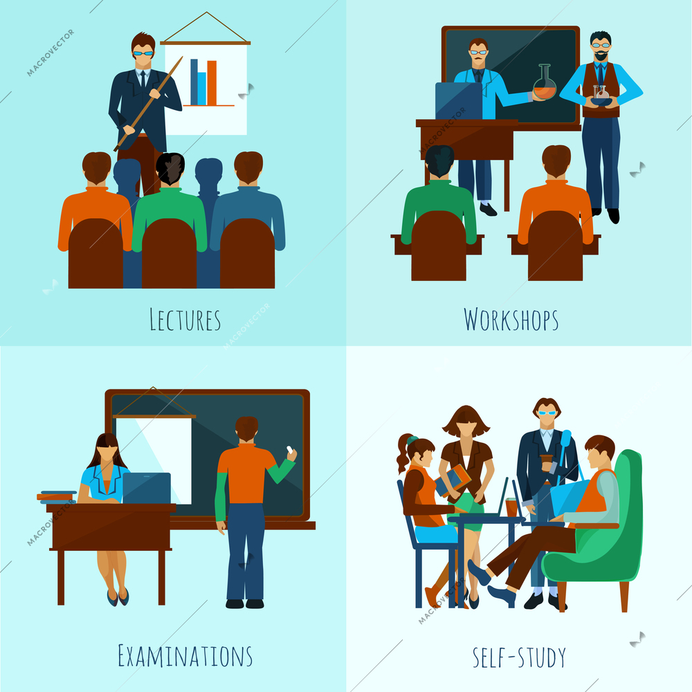 University people design concept set with lectures flat icons isolated vector illustration