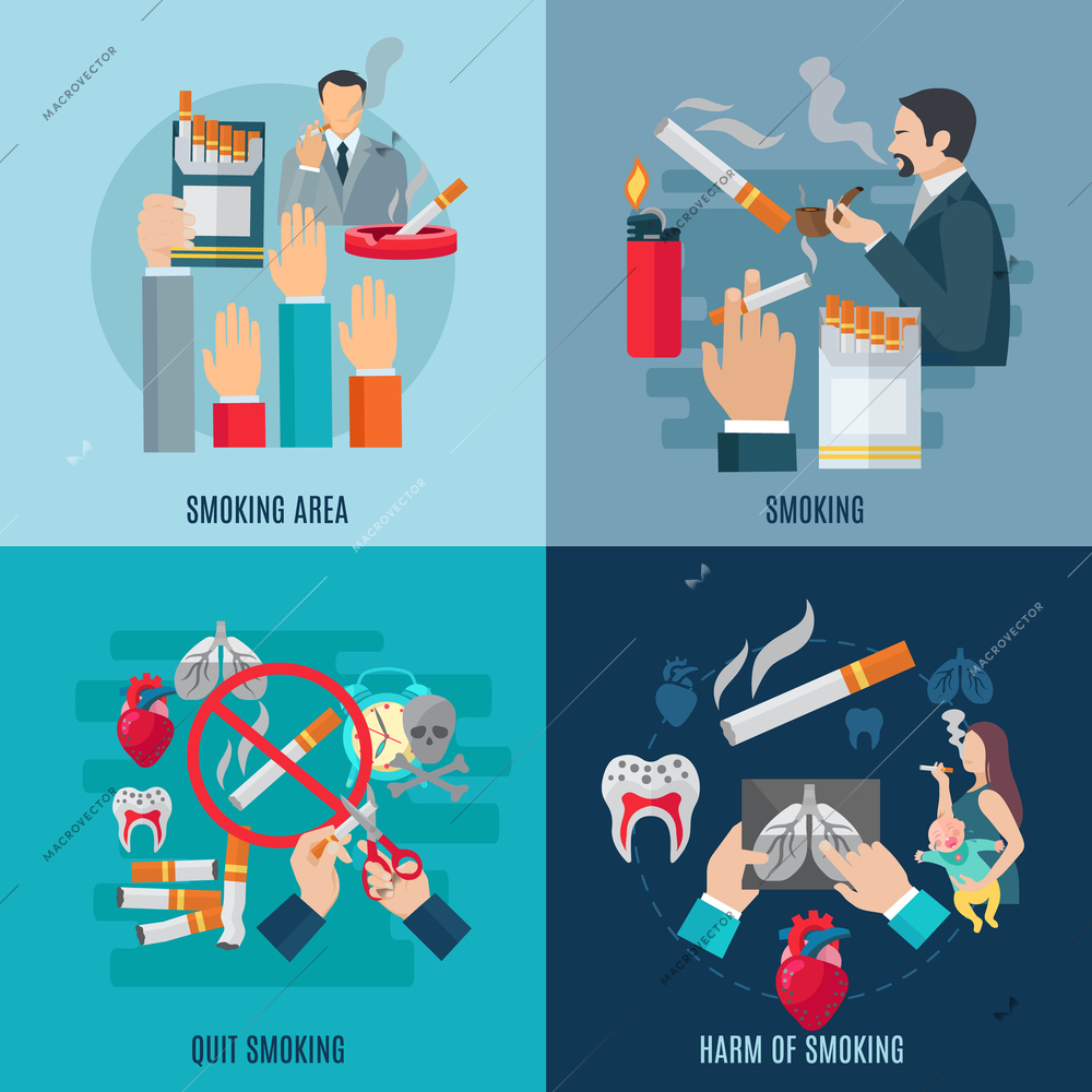 Smoking design concept set with harm and danger flat icons isolated vector illustration