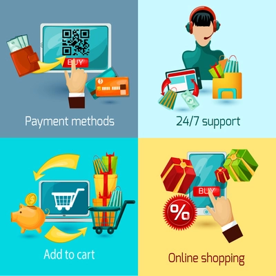 E-commerce design concept set with online payment methods cartoon icons isolated vector illustration