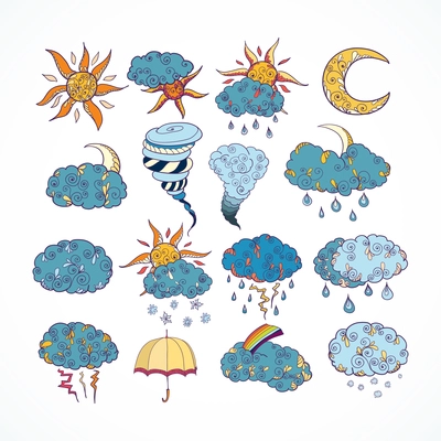 Doodle weather forecast color decorative design elements collection isolated vector illustration