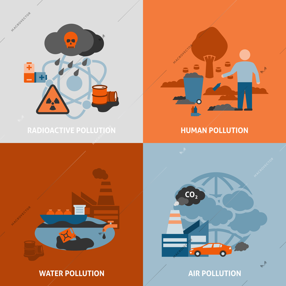 Environmental problems icons set with radioactive human water and air pollution symbols flat isolated vector illustration