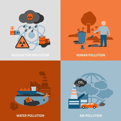 Environmental problems icons set with radioactive human water and air pollution symbols flat isolated vector illustration