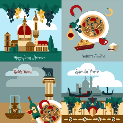 Italy touristic design concept set with italian towns flat icons isolated vector illustration