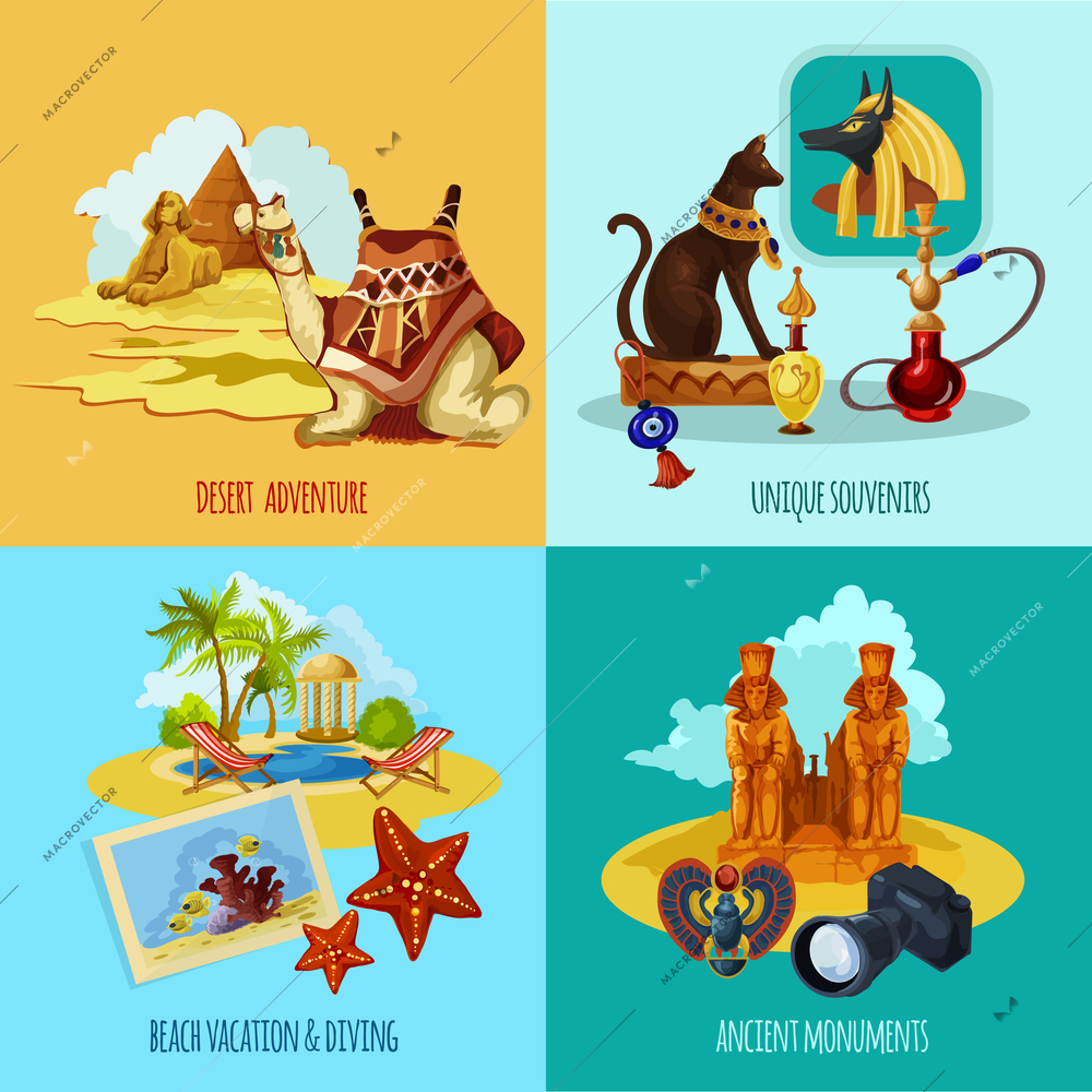 Egypt touristic set with cartoon desert and beach adventures icons isolated vector illustration