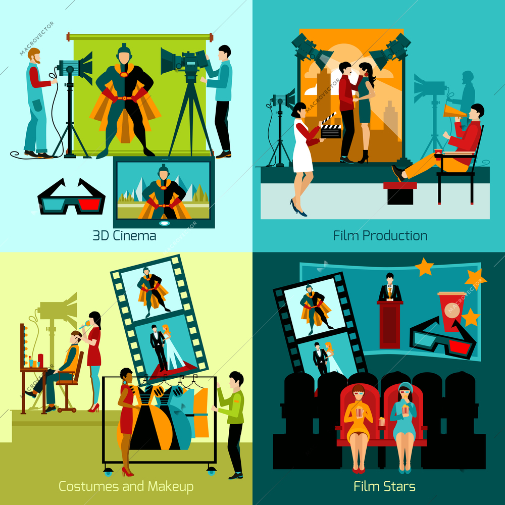 Cinema people design concept set with film production flat icons isolated vector illustration