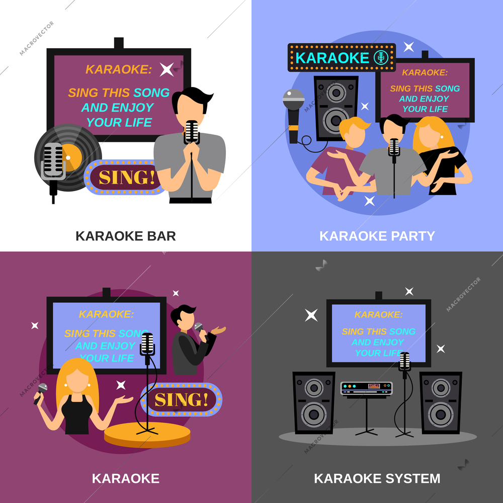 Karaoke design concept set with bar and audio system flat icons isolated vector illustration