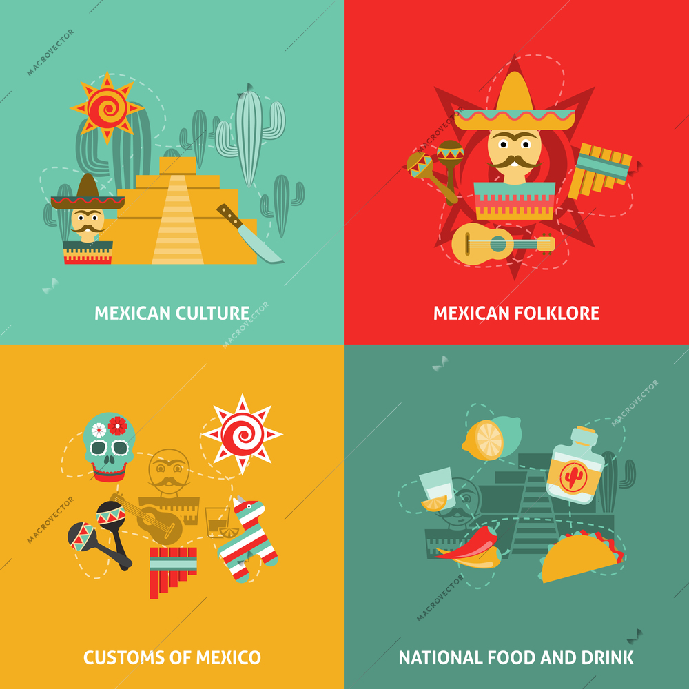 Mexican icons set with culture customs folklore and food symbols flat isolated vector illustration