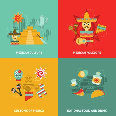 Mexican icons set with culture customs folklore and food symbols flat isolated vector illustration