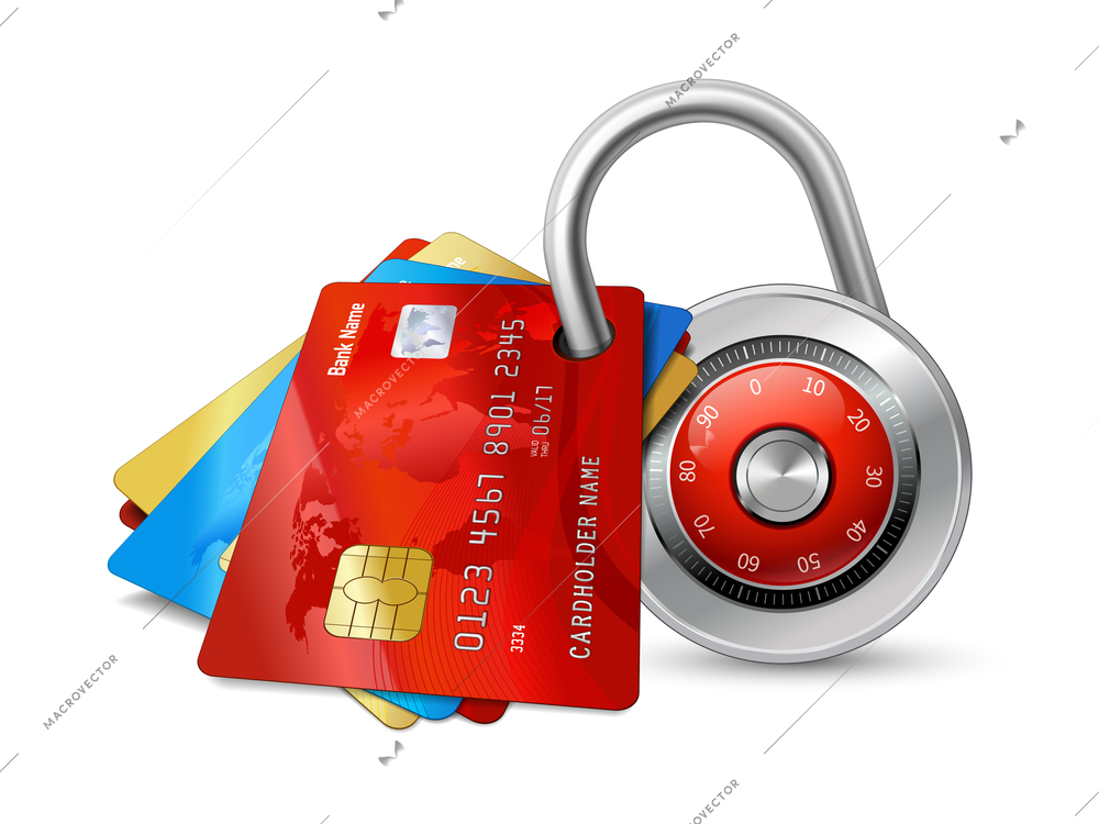 Set of secure credit cards with chips protected by encryption padlock isolated vector illustration
