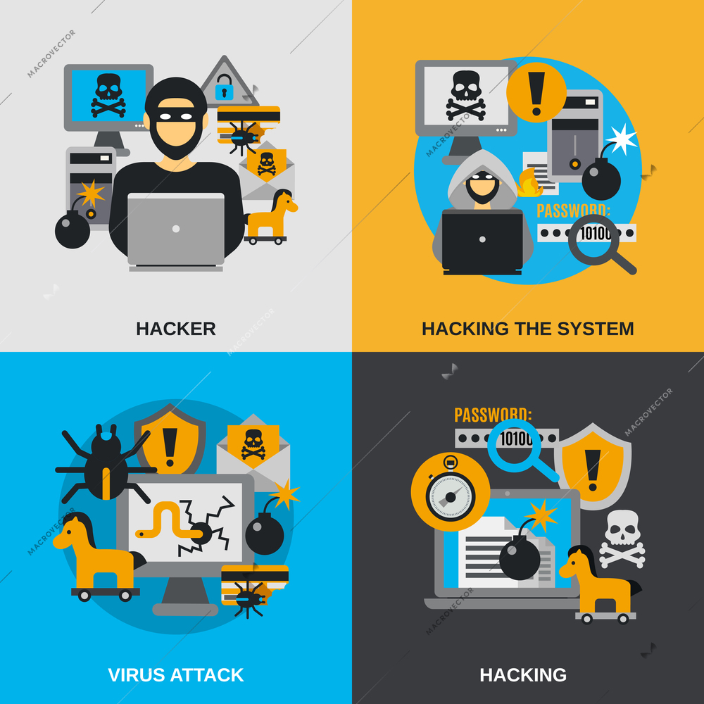 Hacker design concept set with virus attack flat icons isolated vector illustration