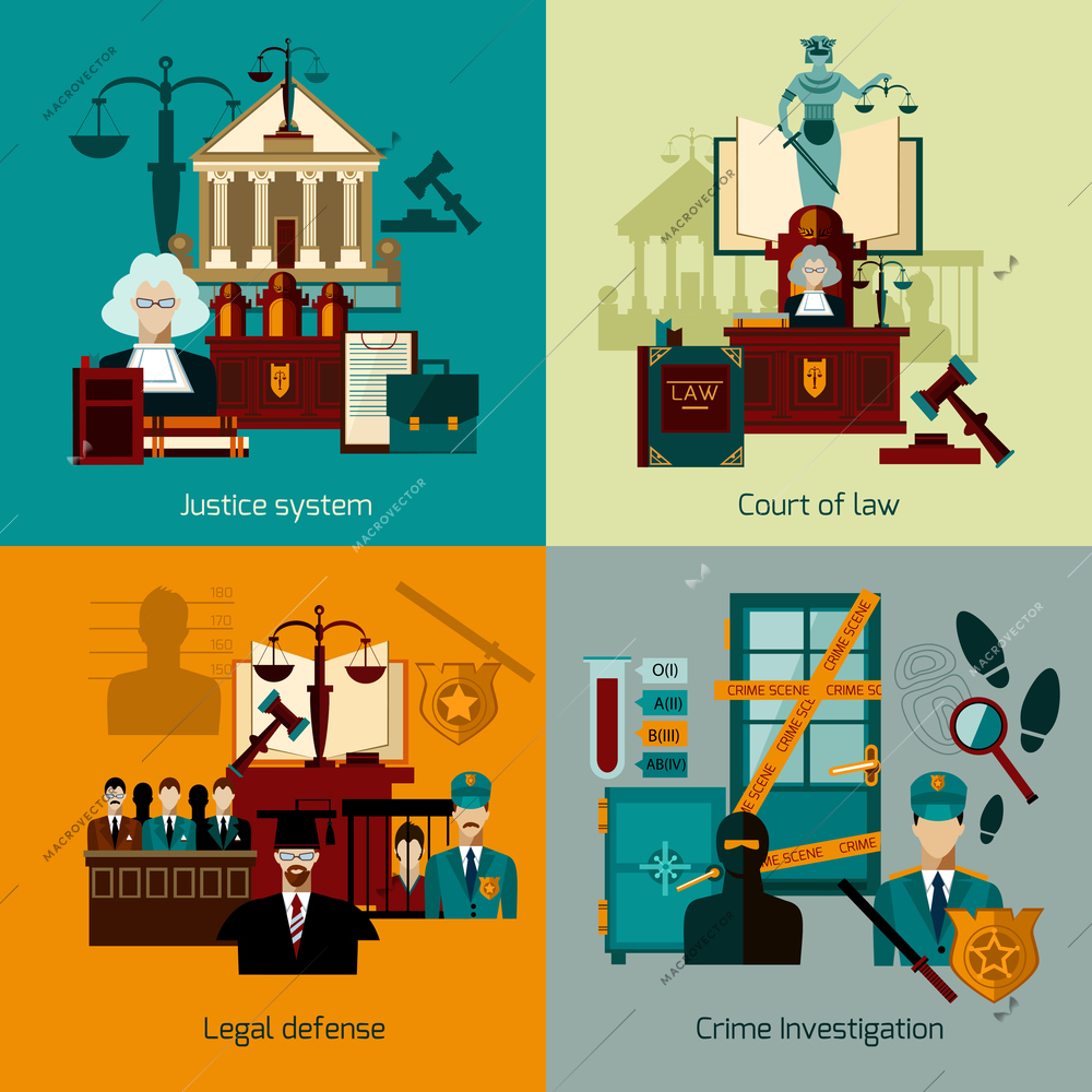 Law design concept set with legal defence flat icons isolated vector illustration