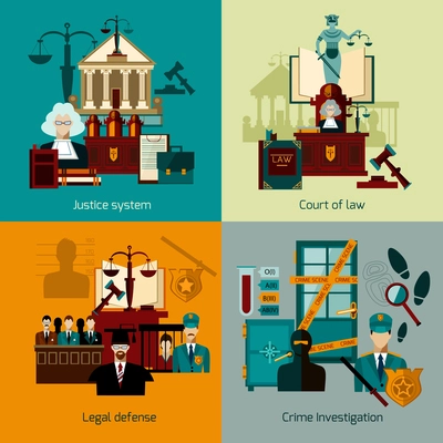 Law design concept set with legal defence flat icons isolated vector illustration