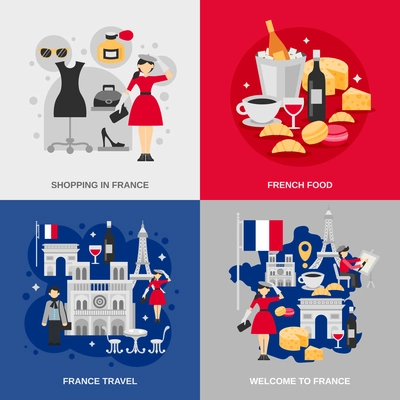 France design concept set with shopping food and other travel symbols isolated vector illustration