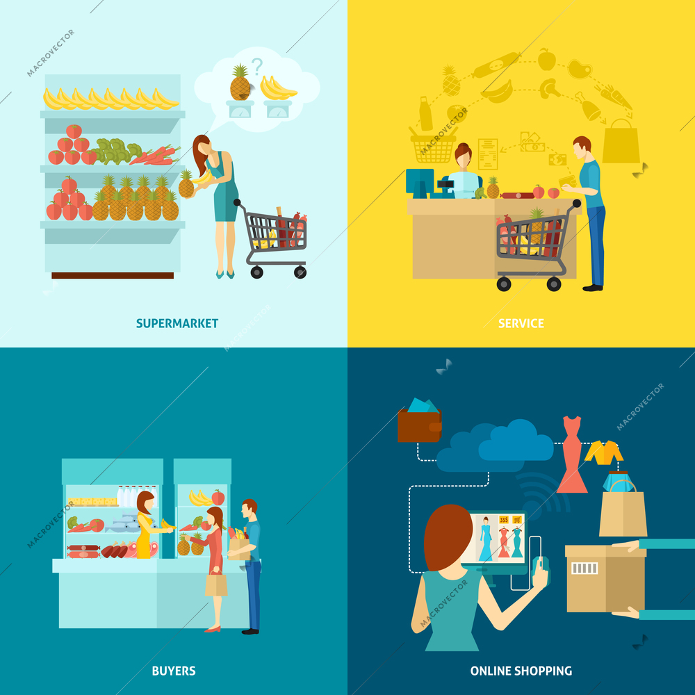 Buyer design concept set with supermarket and online shopping service flat icons isolated vector illustration