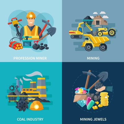 Mining design concept set with coal industry and professional miner flat icons isolated vector illustration