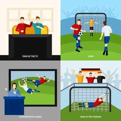 Soccer game 4 flat icons square composition with fans and tv  sport commentator abstract isolated vector illustration