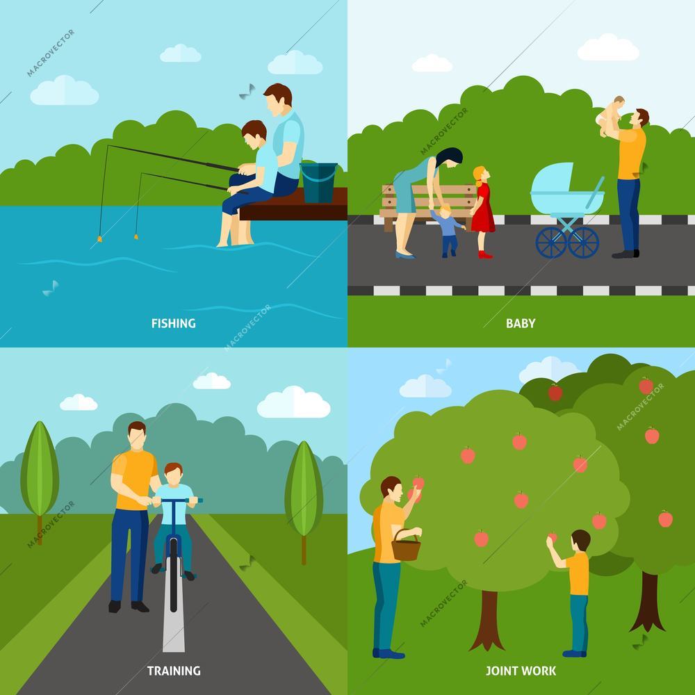 Four color  fatherhood flat posters set with father and his children vector illustration