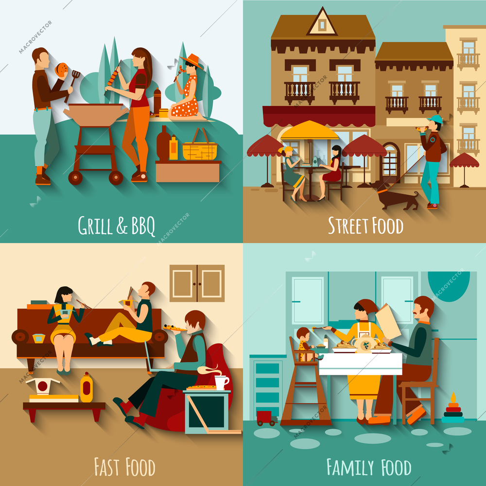 People eating out design concept set with street fast food flat icons isolated vector illustration
