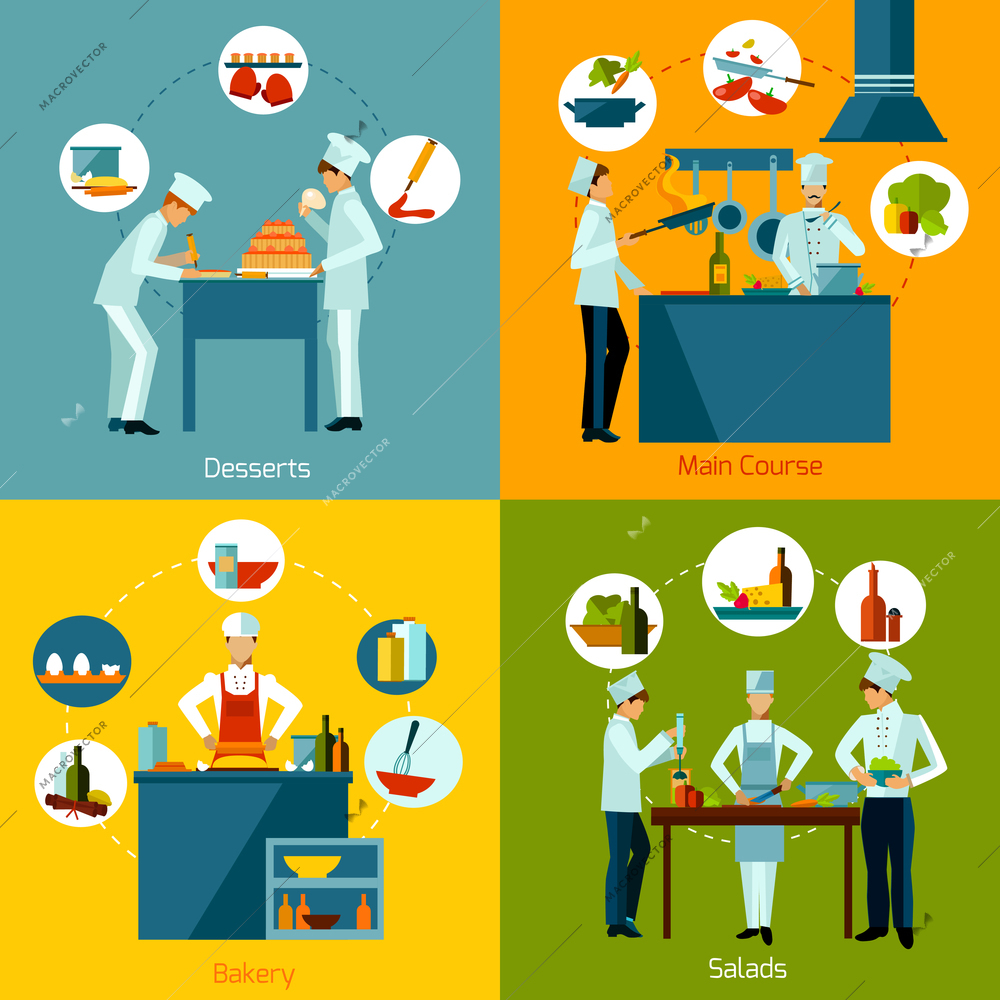 Cooking people making salads main course and bakery design concept set isolated vector illustration