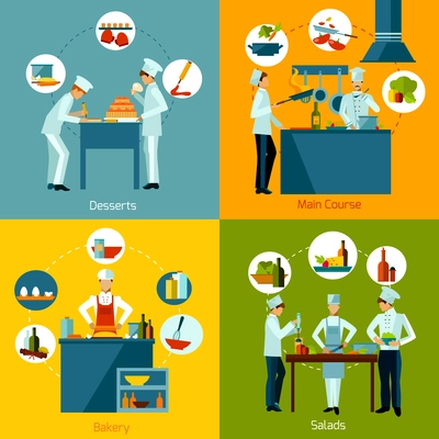 Cooking people making salads main course and bakery design concept set isolated vector illustration