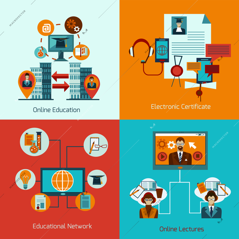 Online education set with educational network flat icons isolated vector illustration