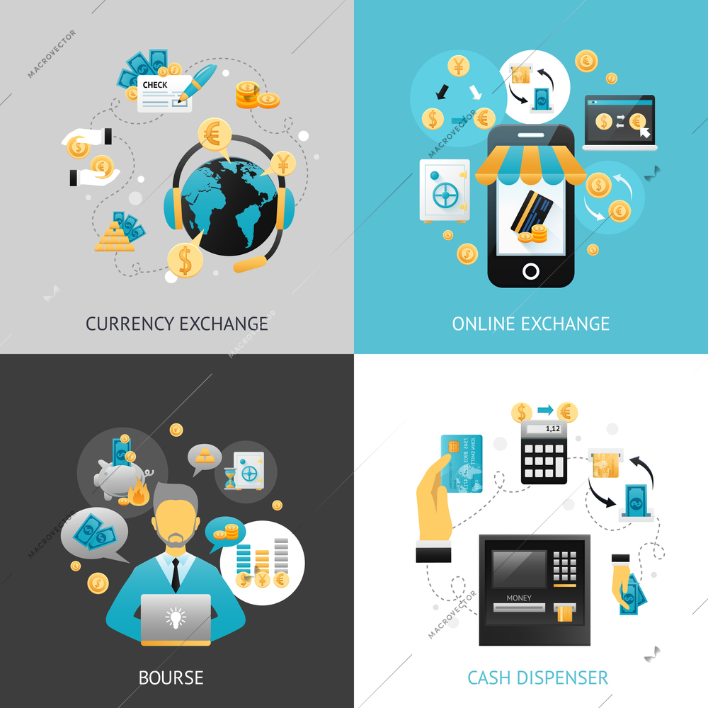 Currency exchange design concept set with online payment flat icons isolated vector illustration