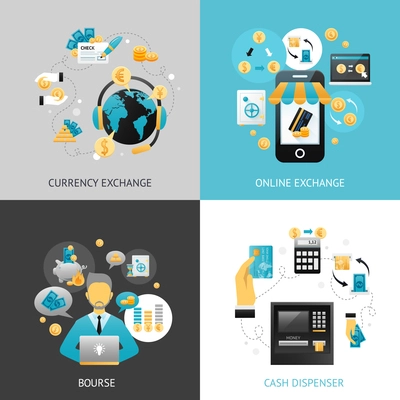 Currency exchange design concept set with online payment flat icons isolated vector illustration