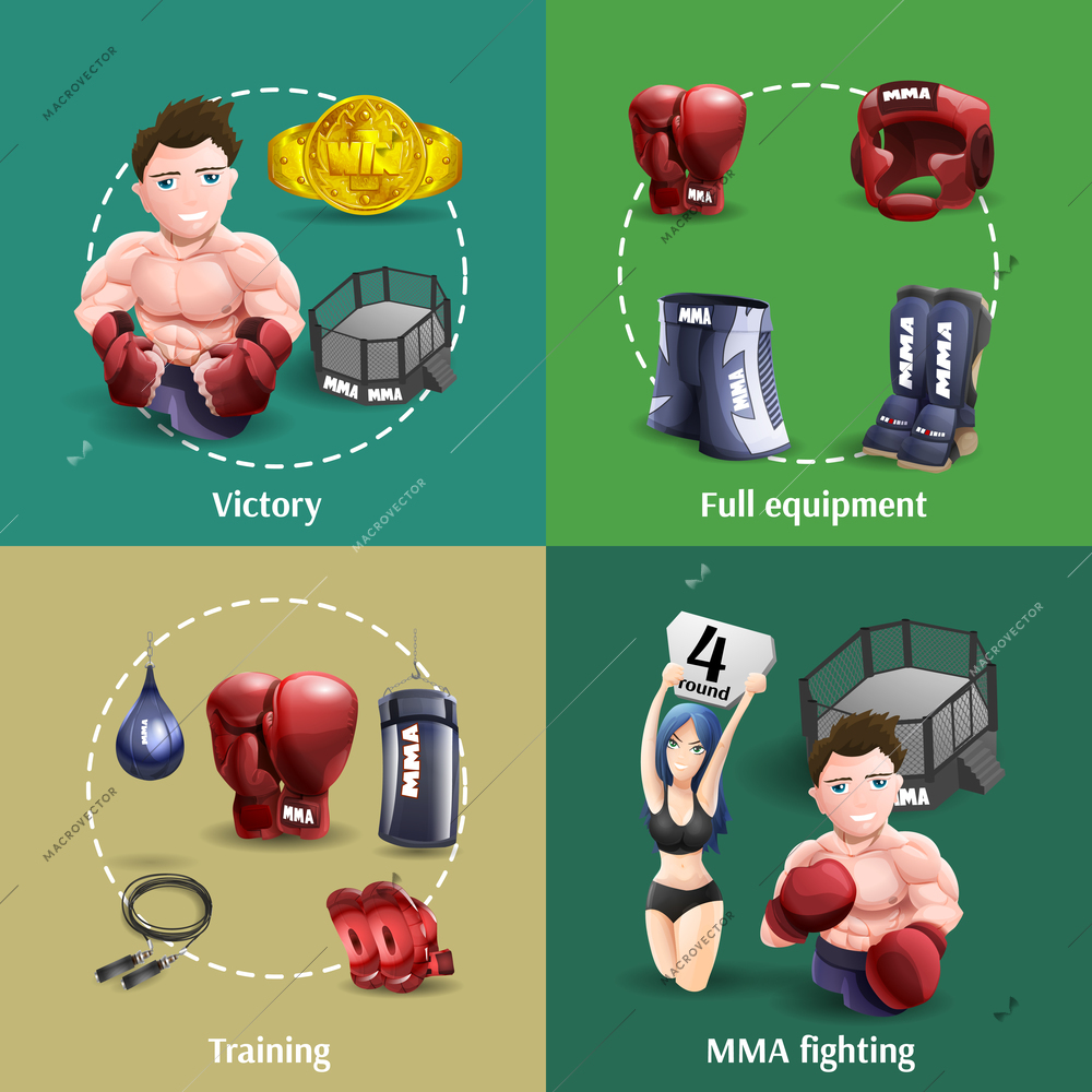 Mma fighting training full equipment and champion 4 3d icons square composition banner abstract isolated vector illustration