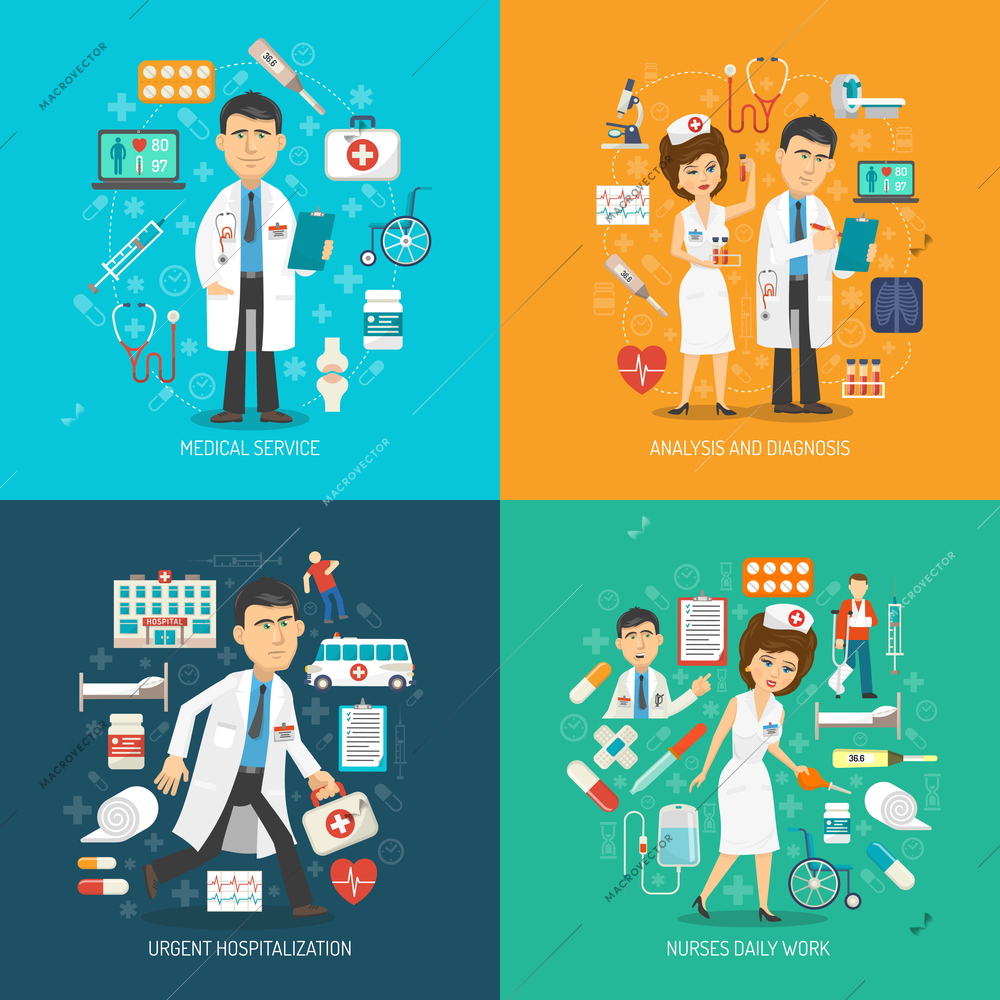 Medical care design concept set with analysis diagnostics and healthcare flat icons isolated vector illustration