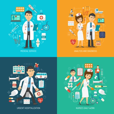 Medical care design concept set with analysis diagnostics and healthcare flat icons isolated vector illustration