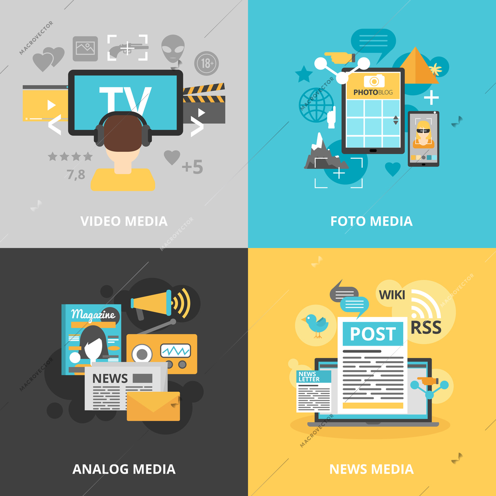 Press and media industry icons set with video photo analog and news media symbols flat isolated vector illustration